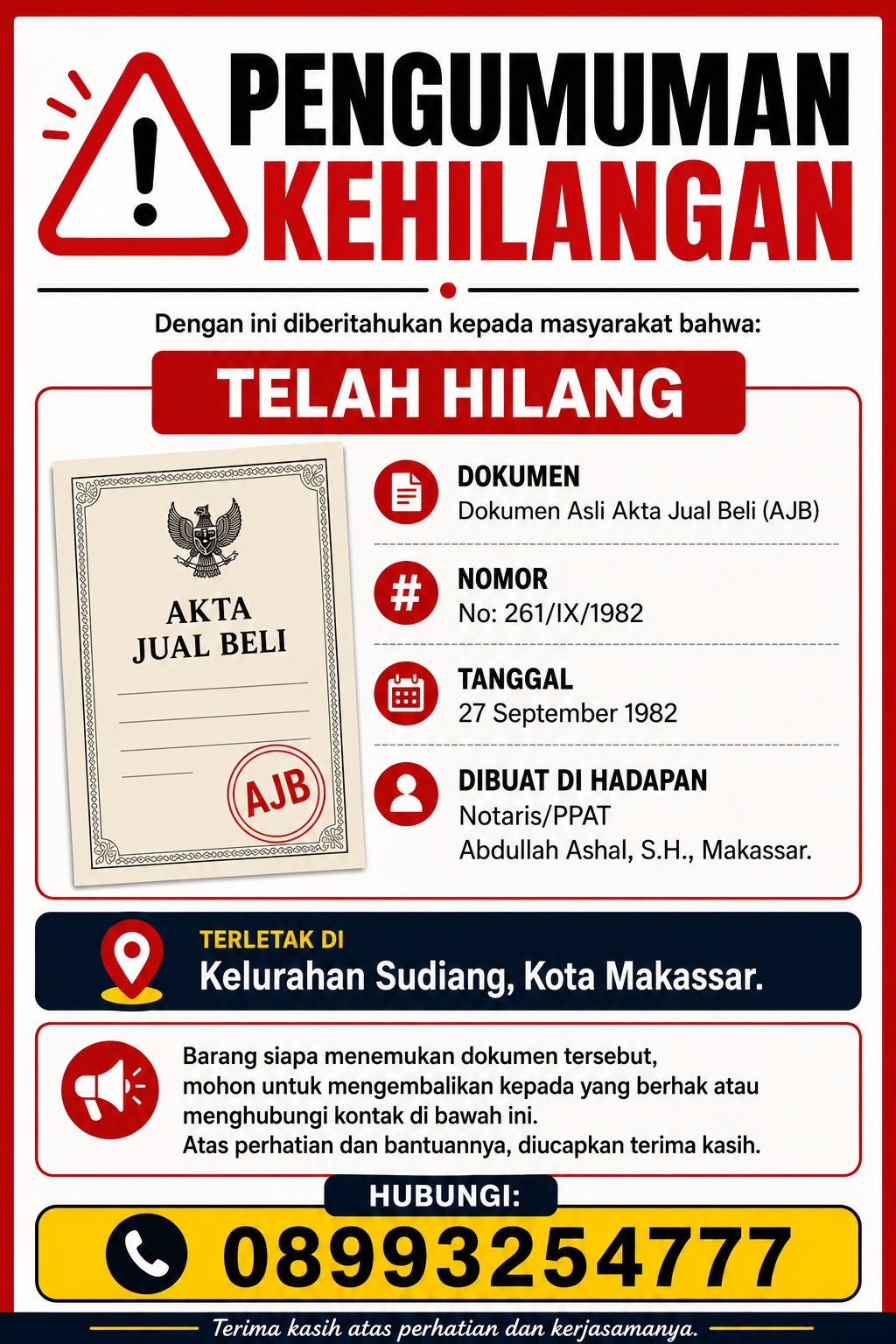 Dokumen Akta Jual Beli  tahun 1982 di Makassar Dilaporkan Hilang